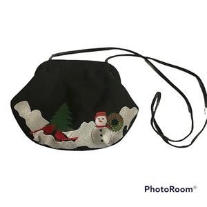 Vintage Christmas Fabric Purse Handmade Machine Embroidered Snowman Scene